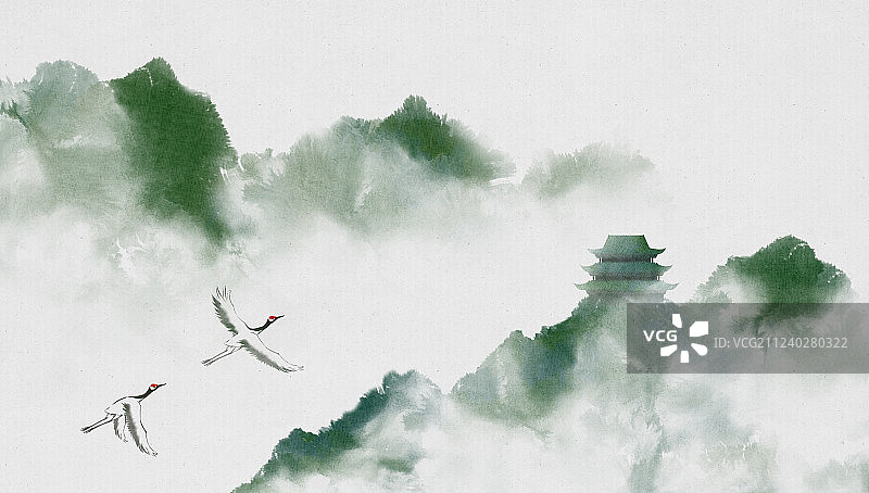 横版绿色山水画图片素材