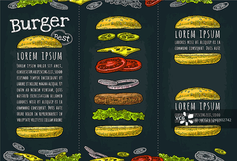 白色背景上的食材飞溅汉堡图片素材