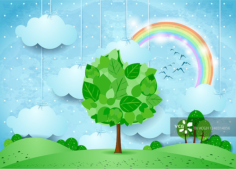 悬挂云朵和大树的超现实景观图片素材