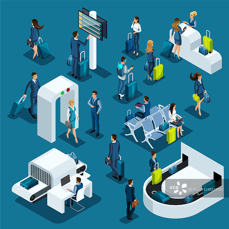 2.5D机场等距图标：接待处和护照图片素材