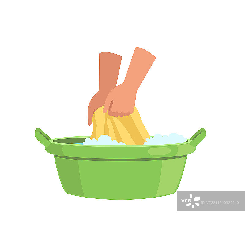 用手在绿色盆中清洗衣服图片素材