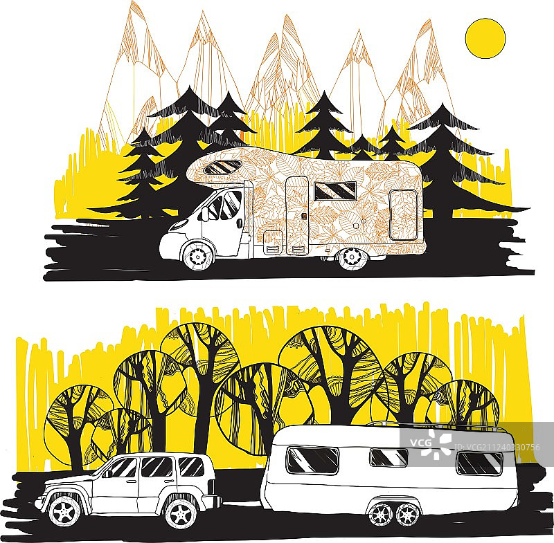 带有露营车的秋季景观图片素材