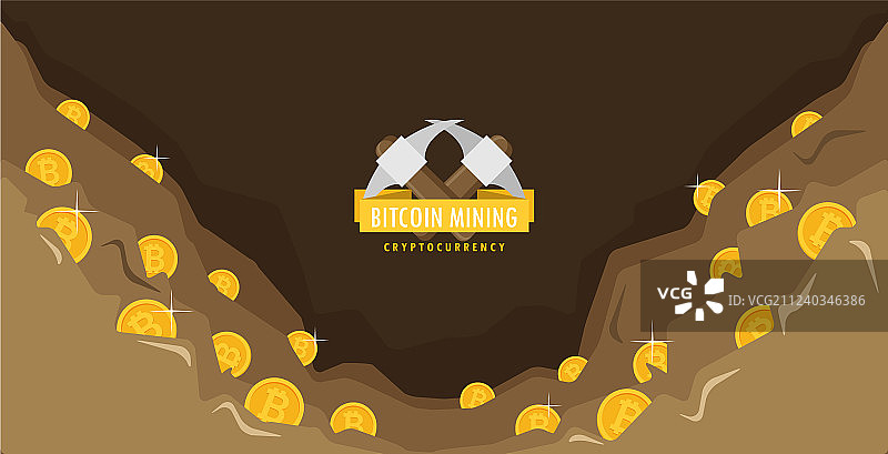 比特币挖矿概念与镐和平铺图片素材
