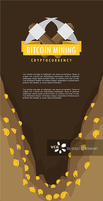比特币挖矿概念与镐和平铺图片素材