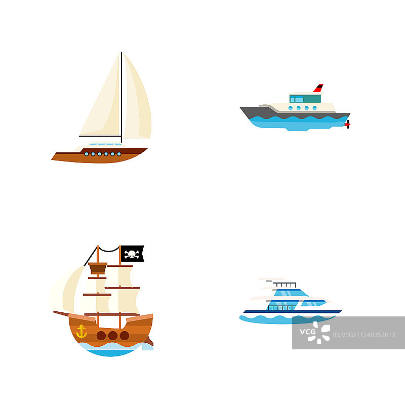海盗游艇船扁平图标集图片素材