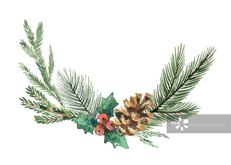 带有冷杉的水彩圣诞花环图片素材