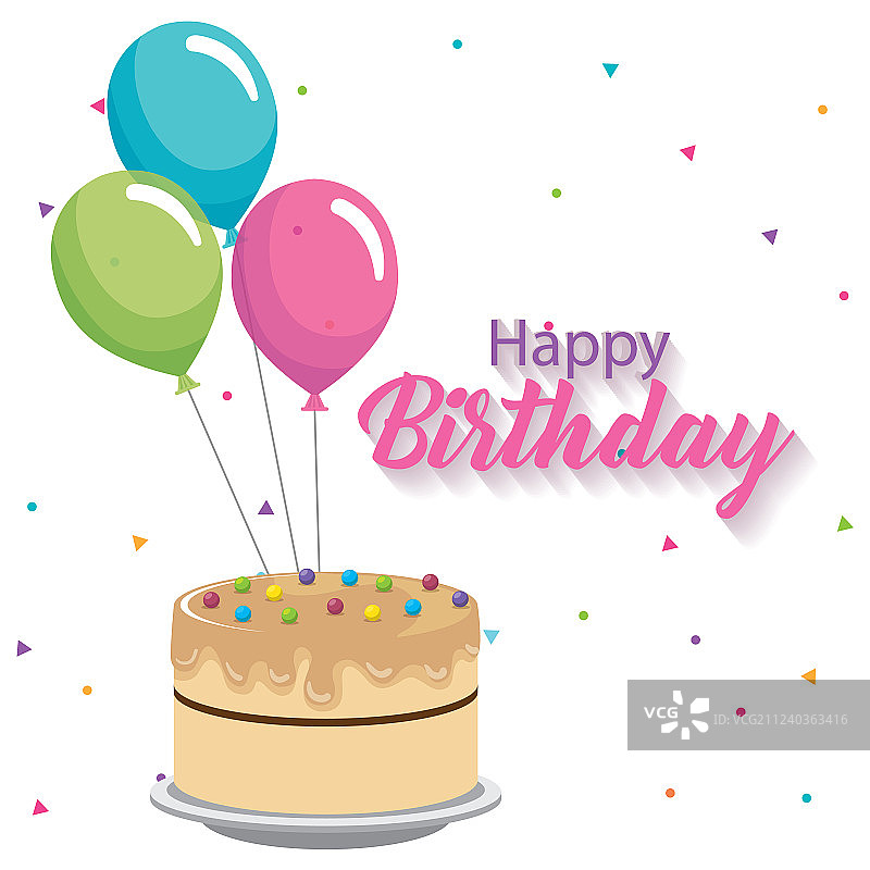 生日贺卡，带蛋糕和氦气球图片素材