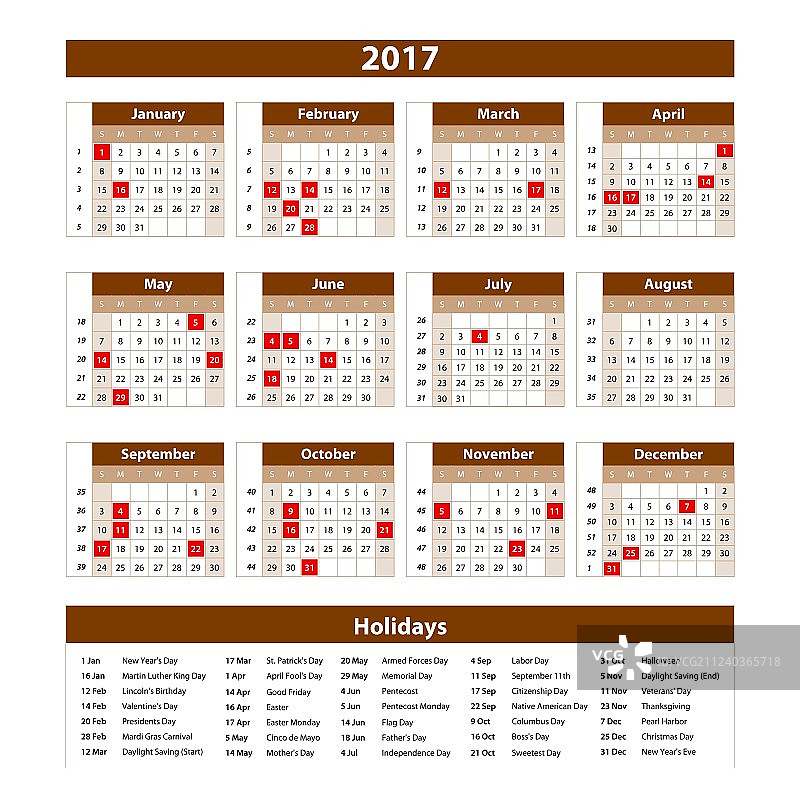 棕色背景上的2017年日历（12个月）图片素材