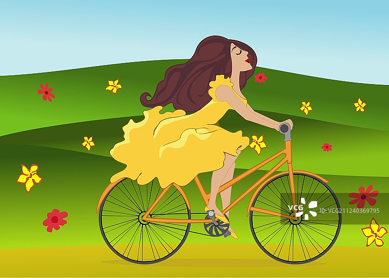女孩在鲜花盛开的春日田野上骑自行车图片素材