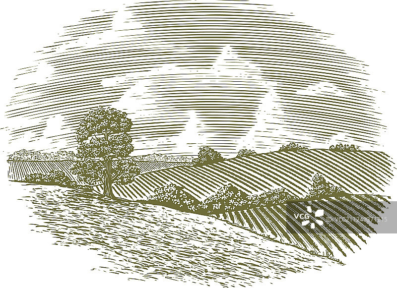 木刻复古乡村风光图片素材