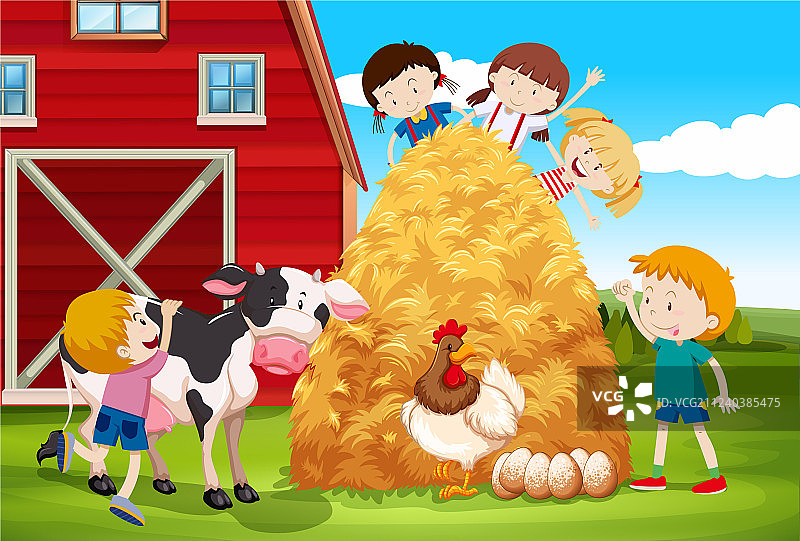 孩子们在农场里与家畜玩耍图片素材