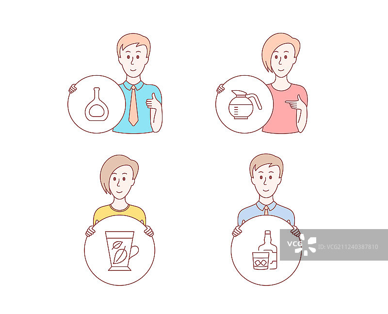 薄荷叶、干邑酒瓶和咖啡壶图标图片素材