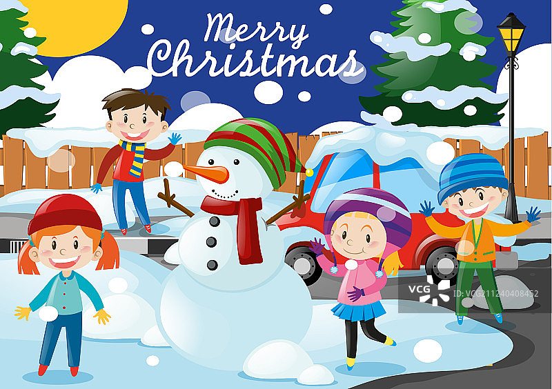 圣诞节主题：儿童与雪人在户外图片素材