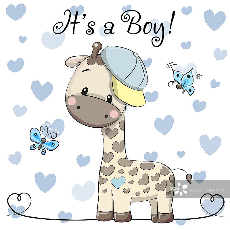 带有可爱长颈鹿男孩的婴儿送礼贺卡图片素材