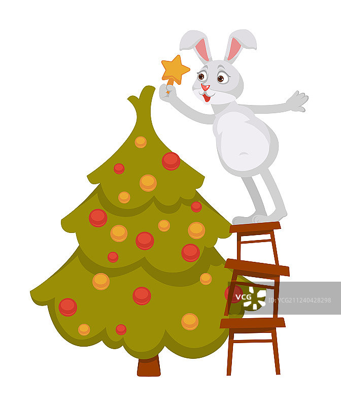 有趣的兔子装饰圣诞树并站在上面图片素材