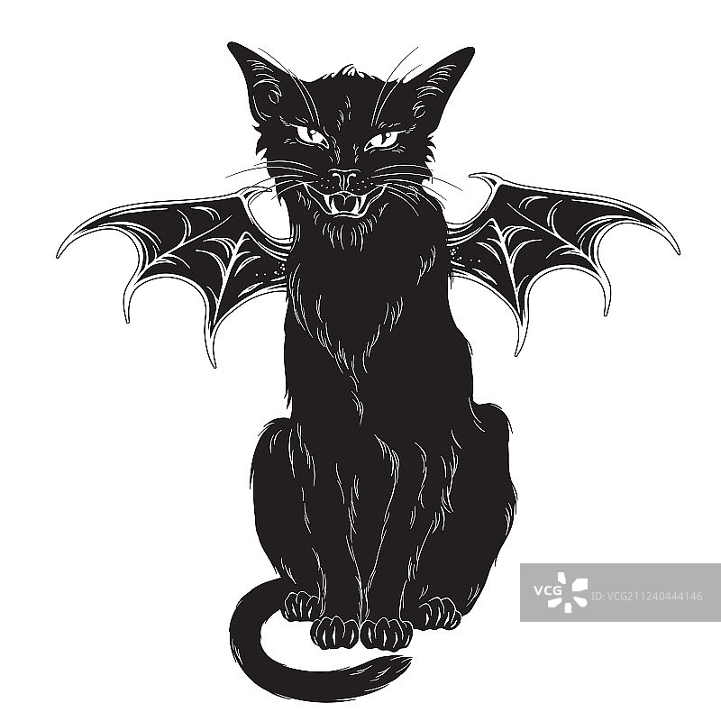 长着怪物翅膀的阴森黑猫图片素材