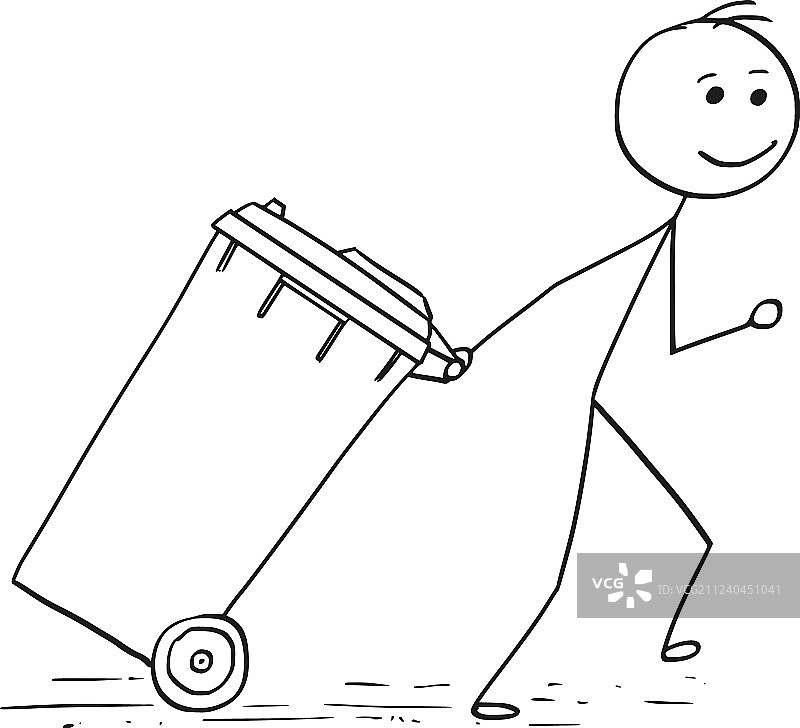 微笑的男人拉着垃圾桶图片素材