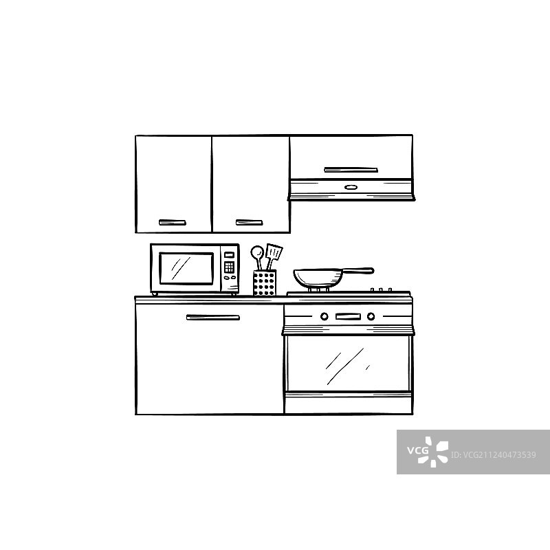 手绘厨房内部和电器轮廓图片素材