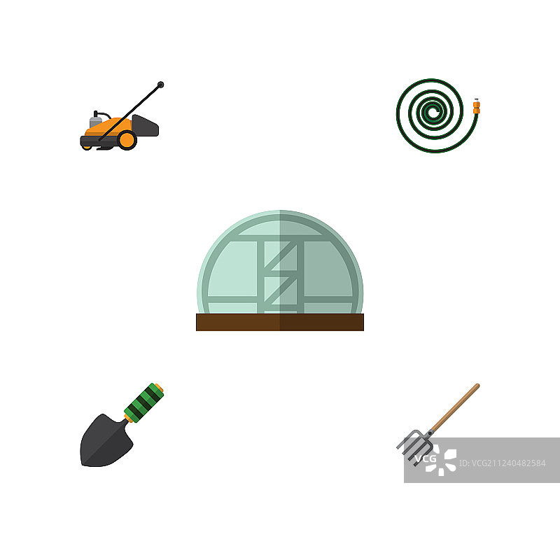 扁平风格园艺工具图标：软管、草耙、草坪图片素材