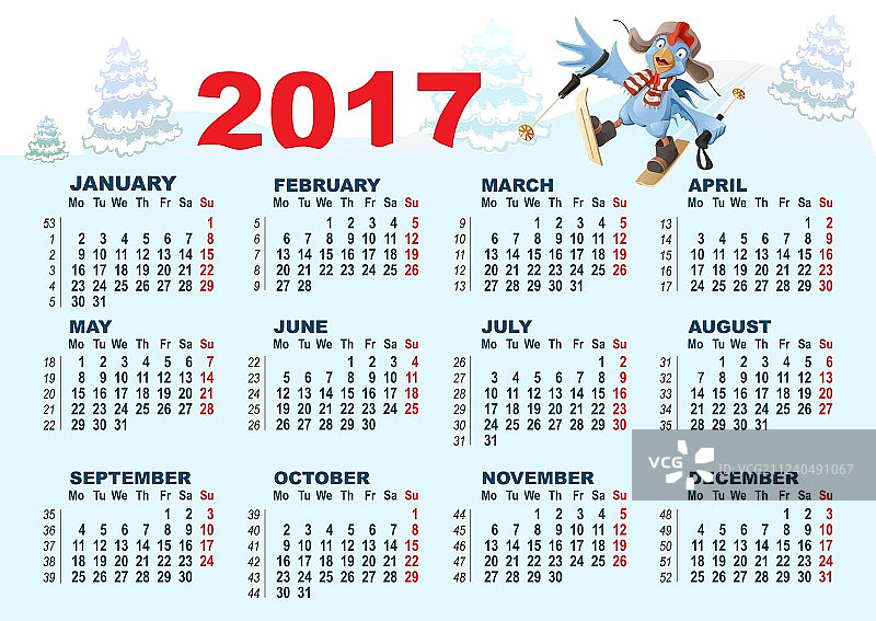 2017蓝色公鸡卡通日历图片素材