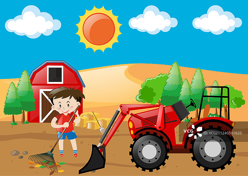男孩在地上耙树叶的农场场景图片素材