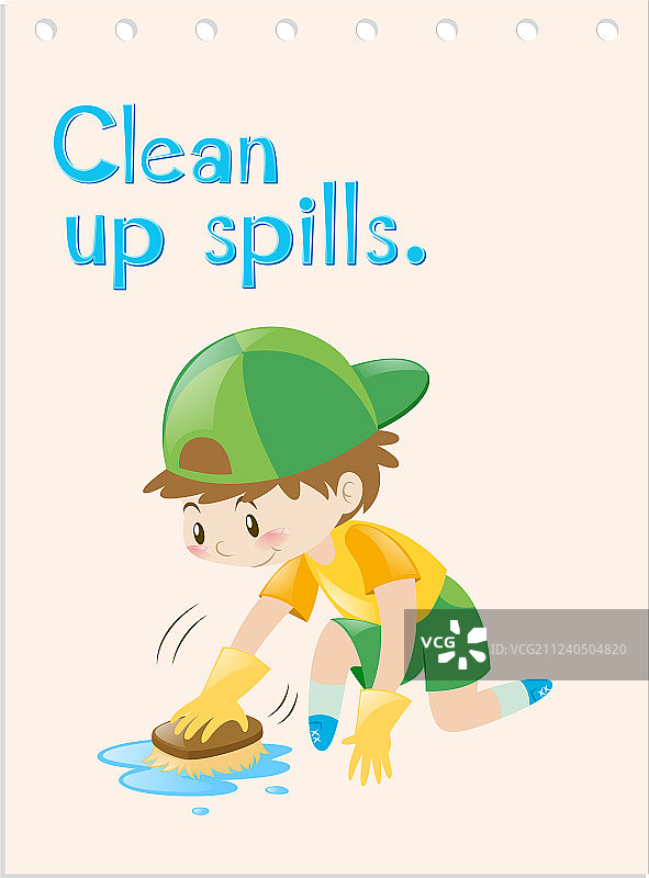 男孩清理溢出物单词卡图片素材
