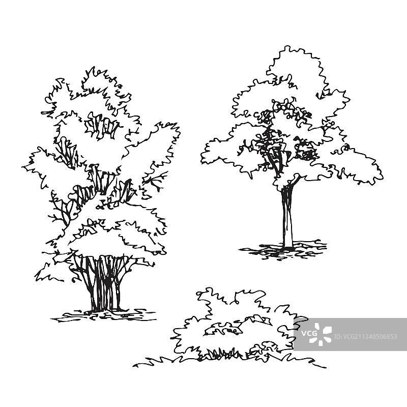 手绘建筑树木和灌木合集图片素材