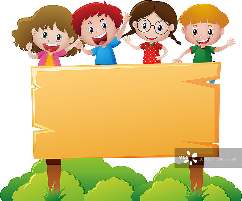 站在木牌后面的四个孩子图片素材