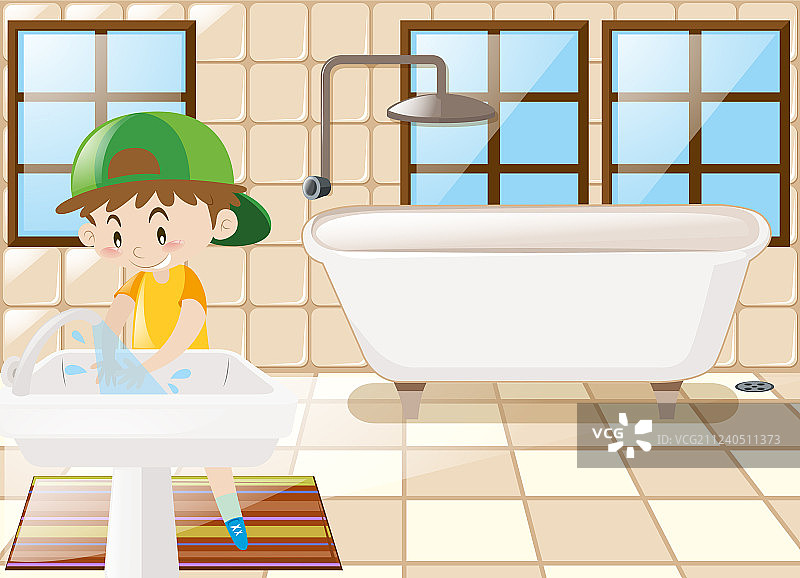 男孩在卫生间洗手图片素材