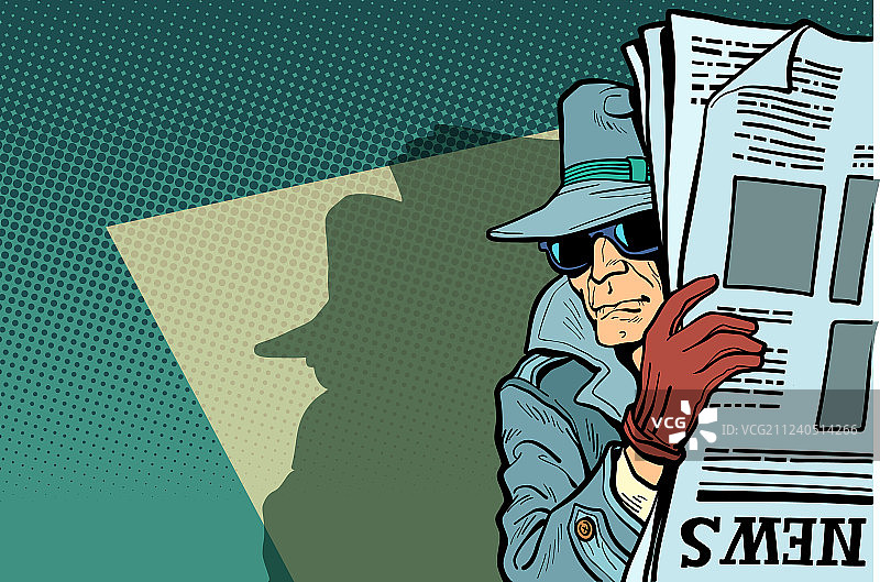 戴帽子和太阳镜的侦探拿着报纸图片素材