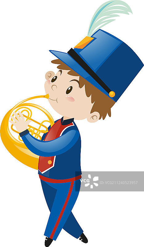 穿蓝色制服吹法国号的男孩图片素材