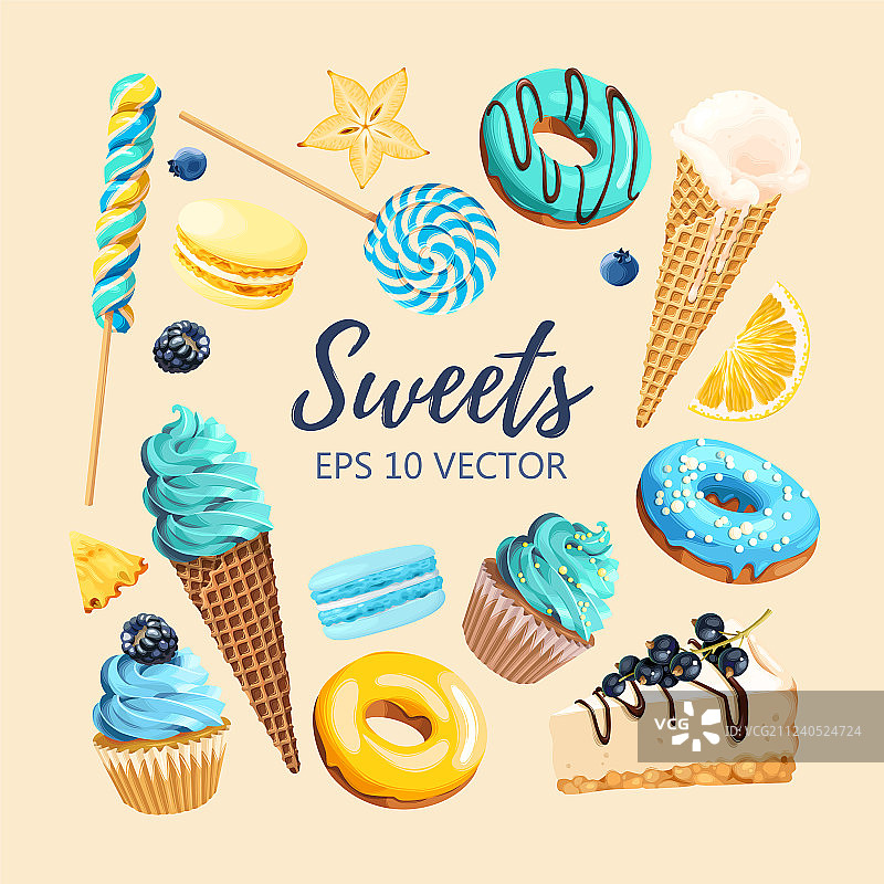 美味水果糖果和甜点组合图片素材