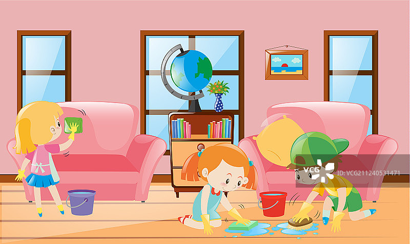 三个孩子打扫客厅图片素材