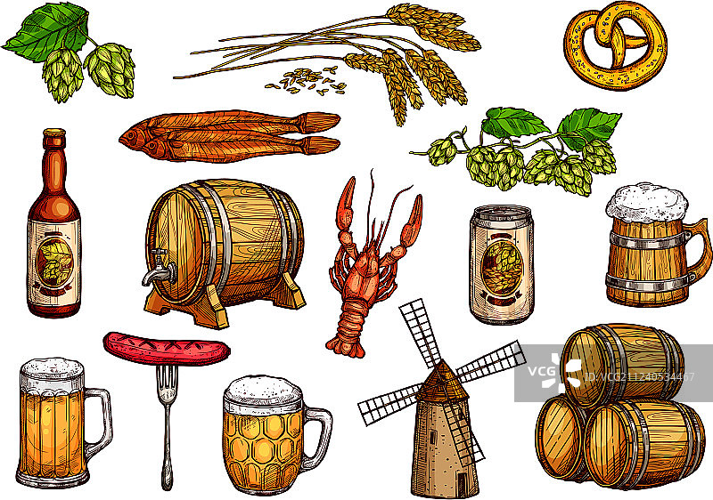 啤酒小吃和啤酒厂的草图图标集图片素材