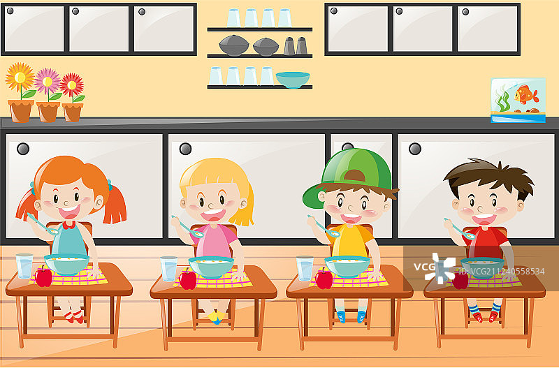 四个孩子在厨房里吃饭图片素材