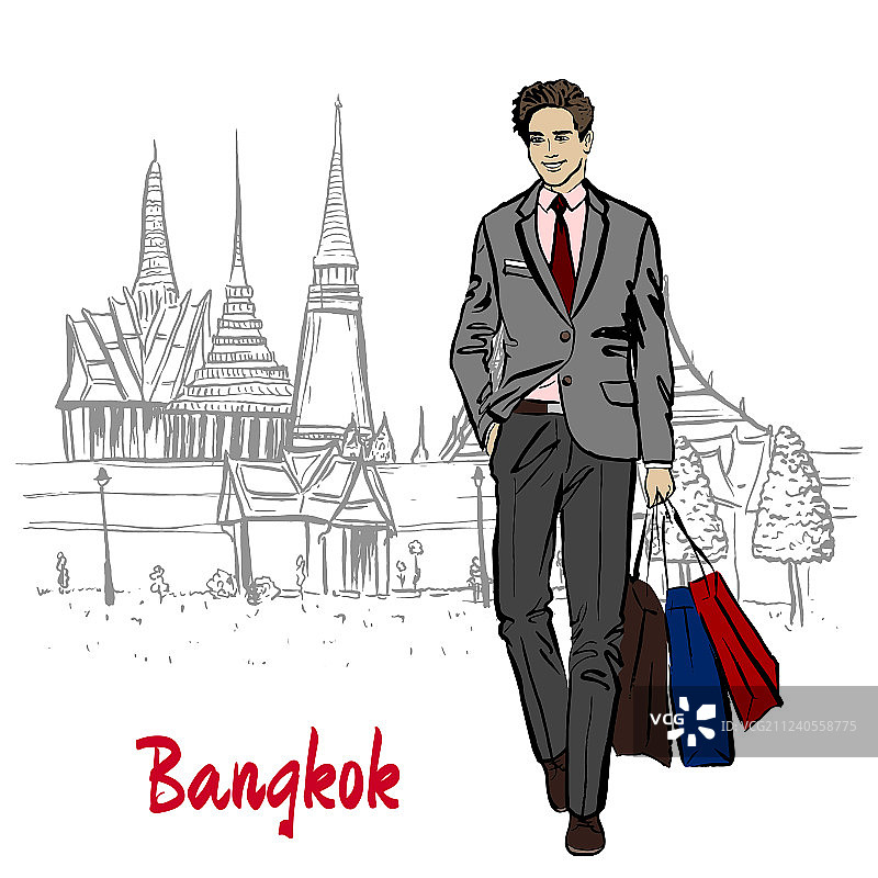 男人在泰国大皇宫和玉佛寺附近图片素材