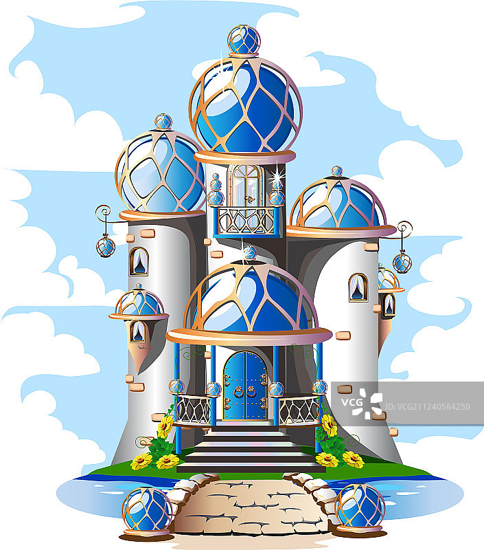 带有蓝色圆顶和阳台的童话城堡图片素材