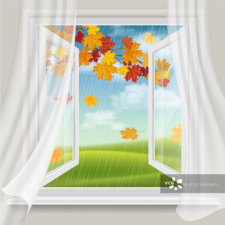 打开的窗户和秋季景观图片素材