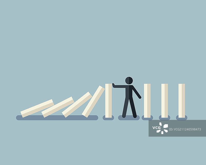 火柴人阻止多米诺骨牌效应图片素材