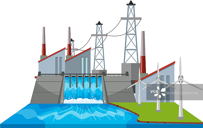 带有风力涡轮机的水坝场景图片素材