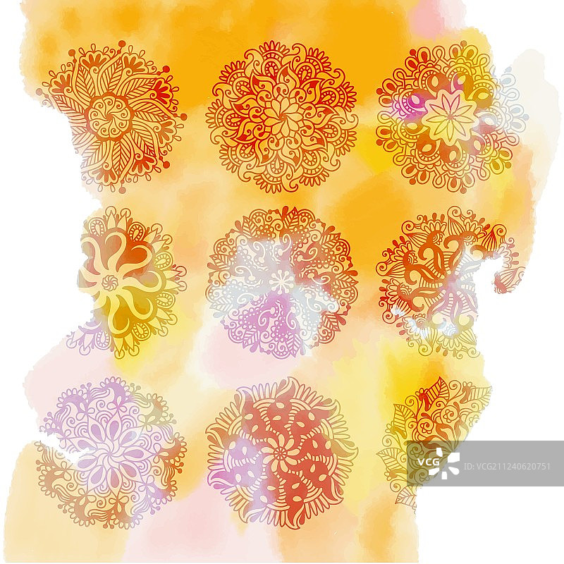 带有9个蓝果丽的黄色水彩飞溅背景图片素材