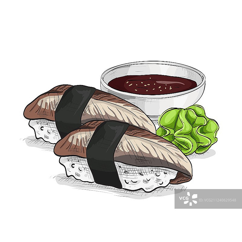 寿司彩色速写：鳗鱼握寿司图片素材
