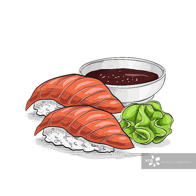 彩色寿司手绘：握寿司和清酒图片素材