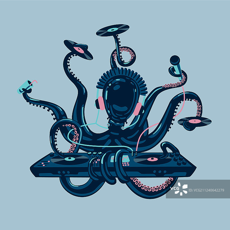 章鱼DJ与黑胶唱片图片素材