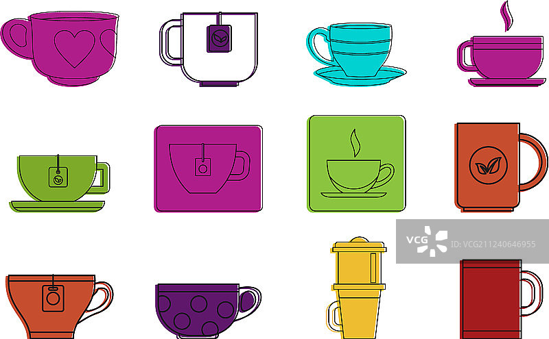 茶杯图标集彩色轮廓样式图片素材