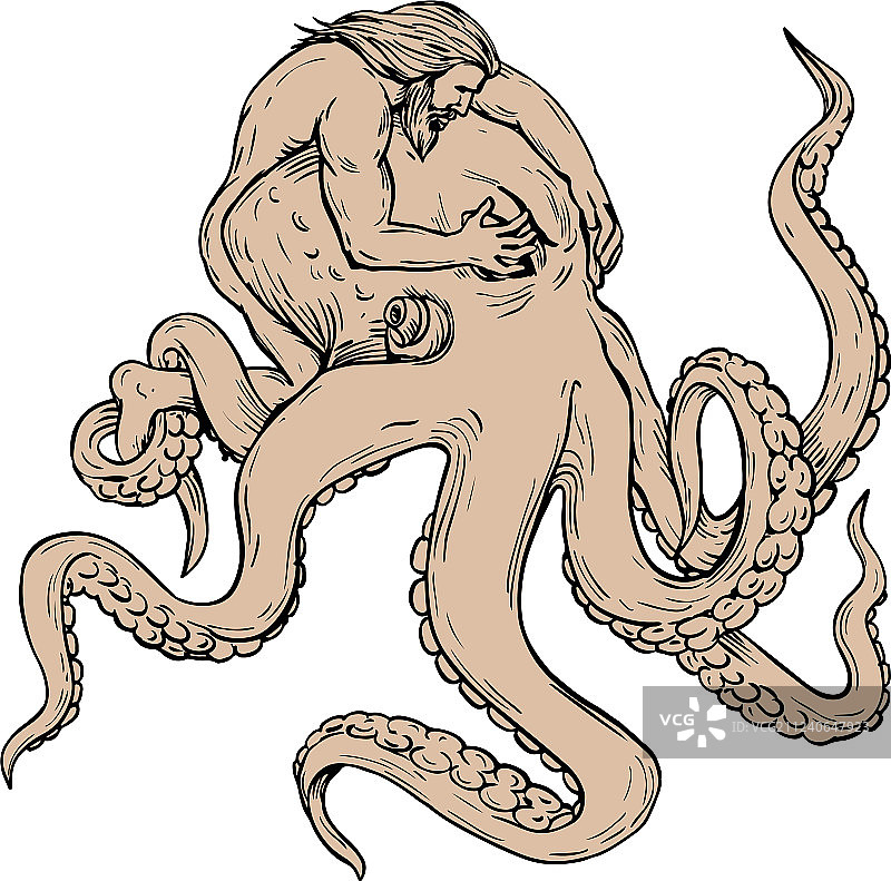 大力神与巨型章鱼搏斗绘画图片素材