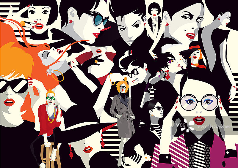 流行艺术风格的时尚女孩拼贴图片素材
