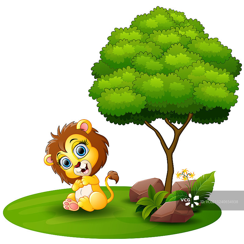 卡通狮子坐在白色背景的树下图片素材