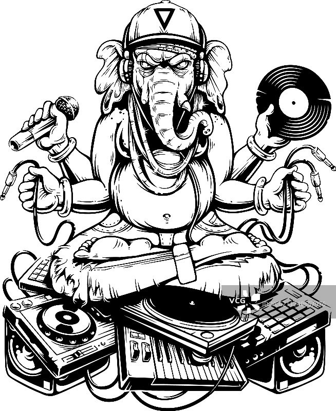 坐在电子音乐设备上的Ganesha DJ图片素材