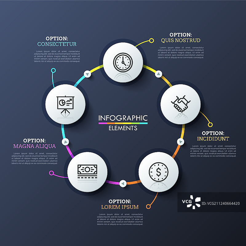 带有5个白色圆形元素的圆形流程图图片素材